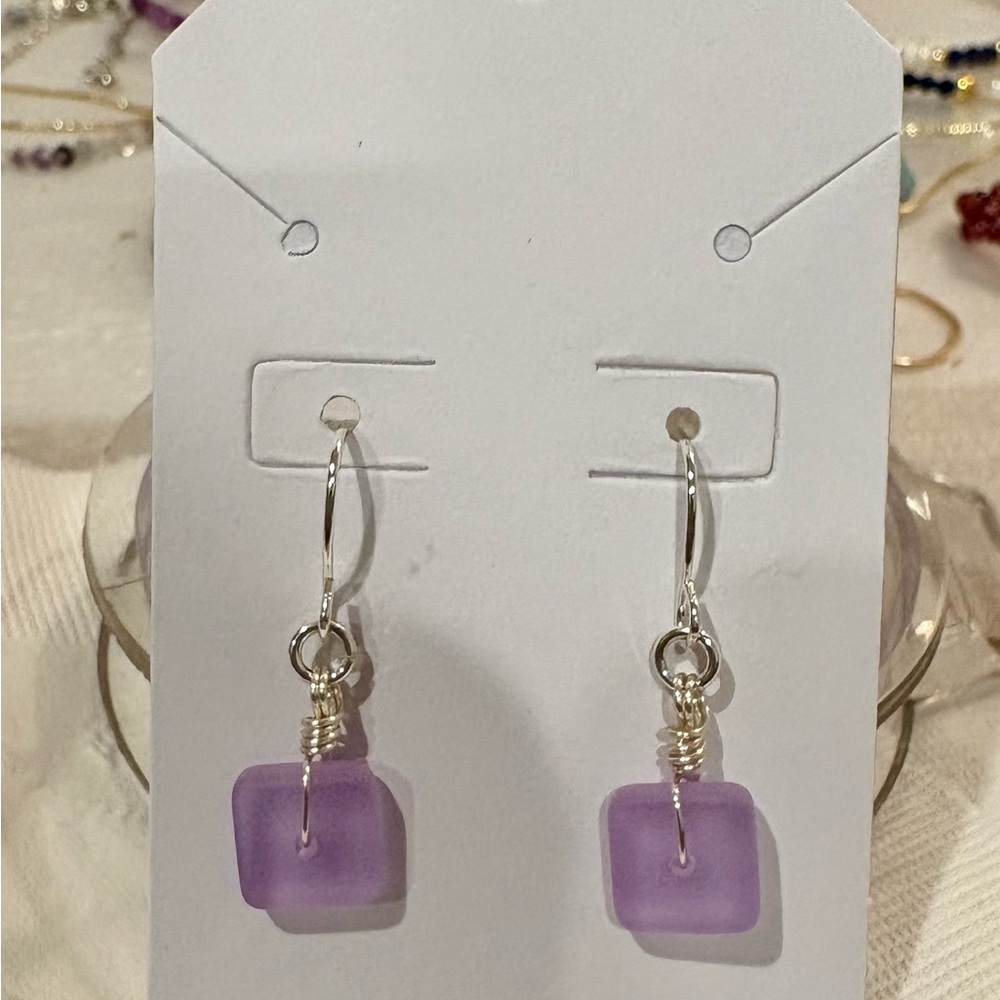 Simple and Modern Purple Sea Glass Sterling Earrings